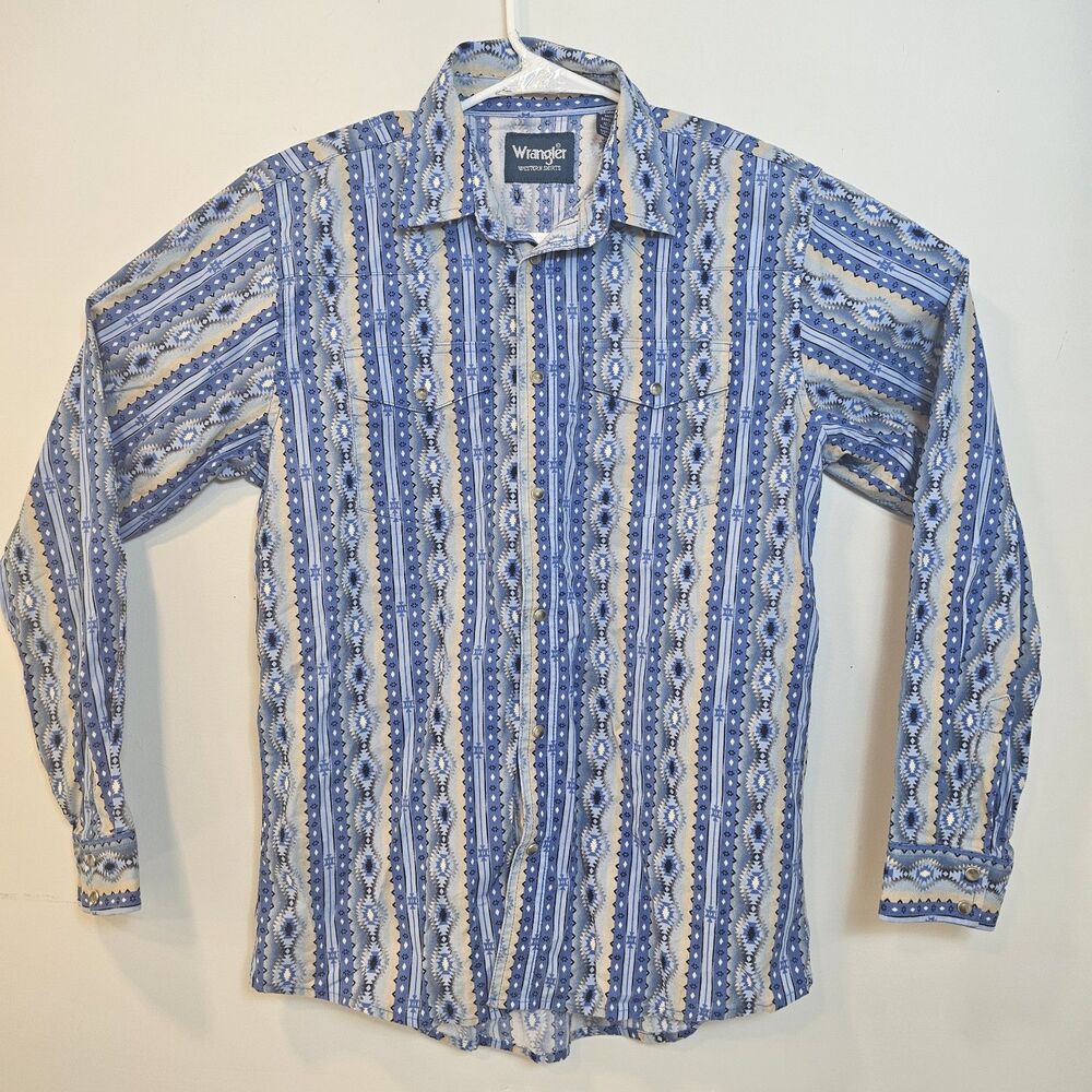 Wrangler Western Pearl Snap Shirt Mens XXL Blue Aztec Pattern Cowboy Western